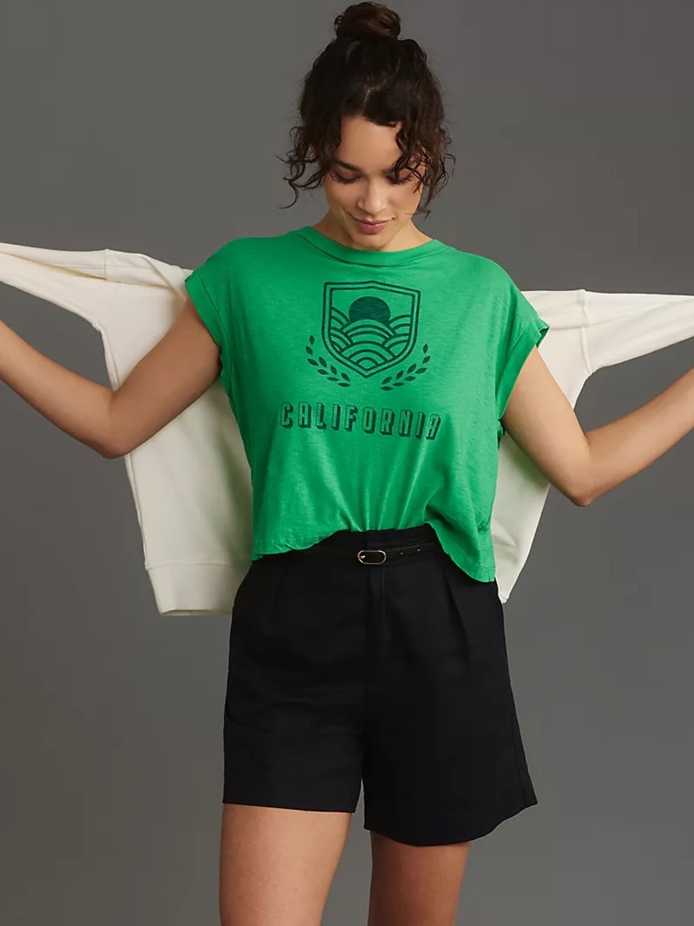 SUNDRY | ANTHROPOLOGIE California Muscle Tee Boxy Cropped Cotton Green Size XS